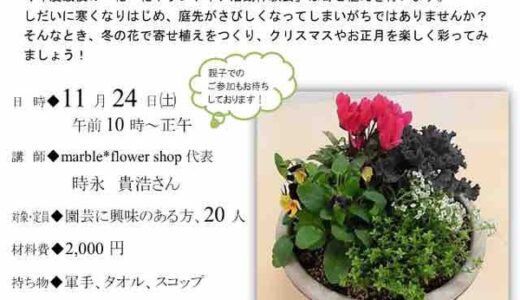 【要申込み・先着20人・参加費2000円】11/24（土）に大塚公民館にてmarble flower shopによる寄せ植え体験ワークショップがあるみたい。